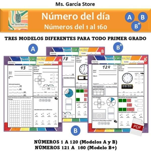 Número del día del 1 al 160 // 280 fichas de matemáticas listas para imprimir- Modelos A, B y B+