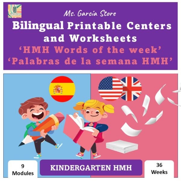 Kinder Bilingual Printable Centers and worksheets 'Words of the Week' SP/EN