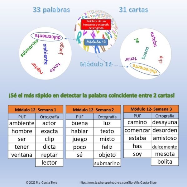 12 Juegos de cartas tipo Dobble Palabras Uso Frecuente y Ortografía Primer Grado - Image 4